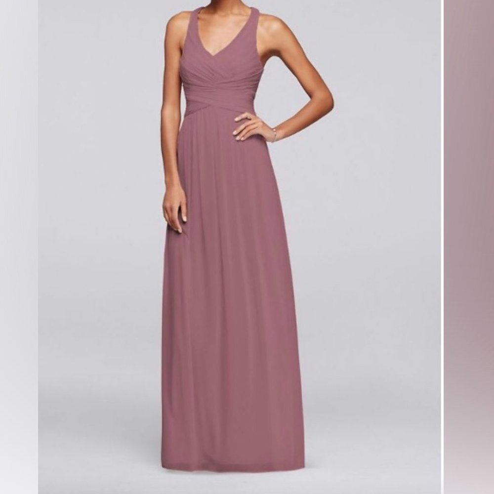 David's Bridal Quartz Long Mesh Criss Cross Back Bridesmaid Dress
